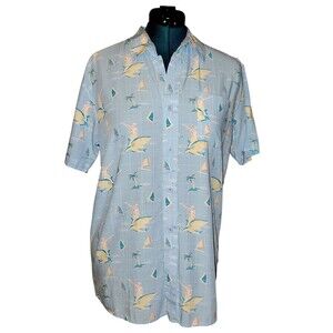 Tipsy Elves Shirt Mens Medium Blue Button Up Sharks Surfing Coastal Dude EUC